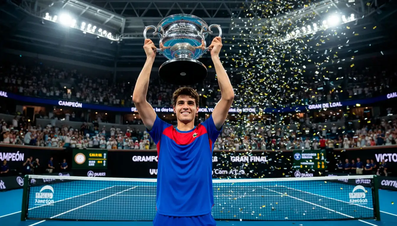 Carlos Alcaraz celebrando el título del Open de Australia 2026 con análisis de cuotas y trayectoria