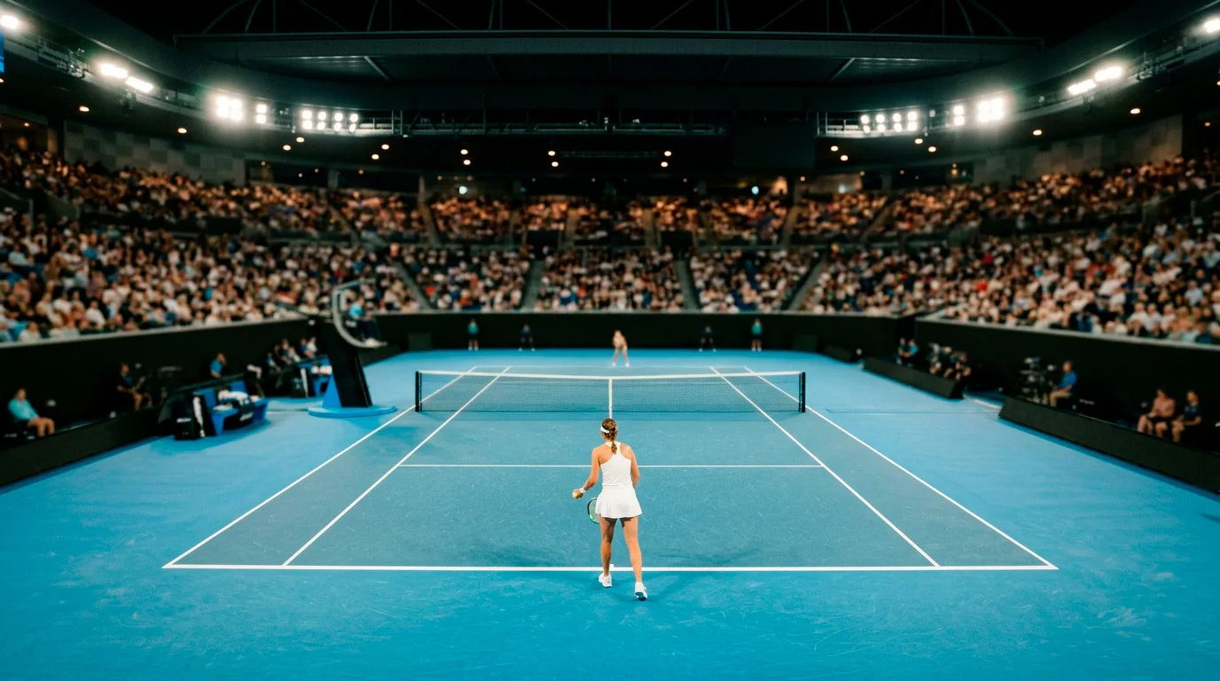 Estadio central del Open de Australia durante un partido nocturno en Melbourne Park