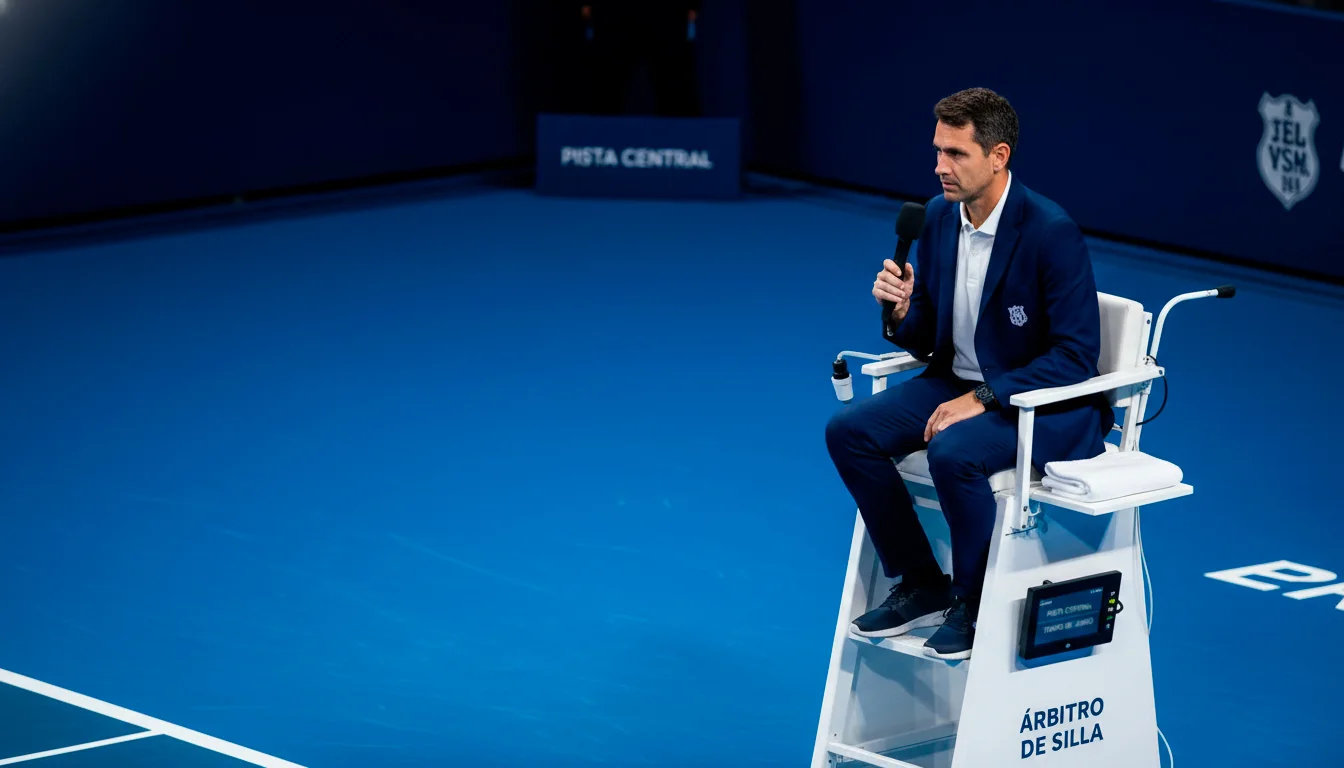 Juez de silla supervisando un partido profesional de tenis desde la silla del árbitro