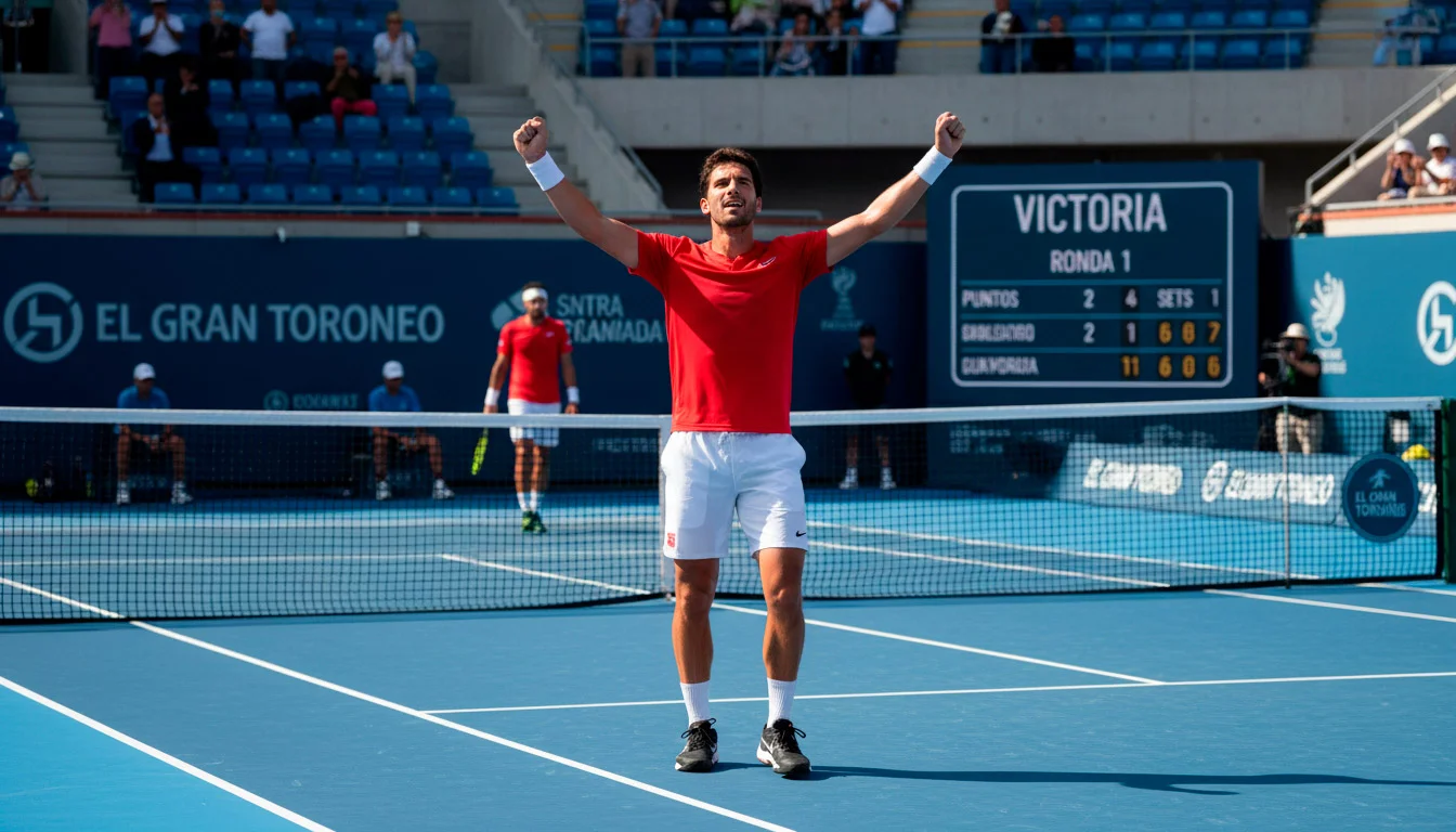 Tenista underdog celebrando una victoria sorpresa en primera ronda del Open de Australia